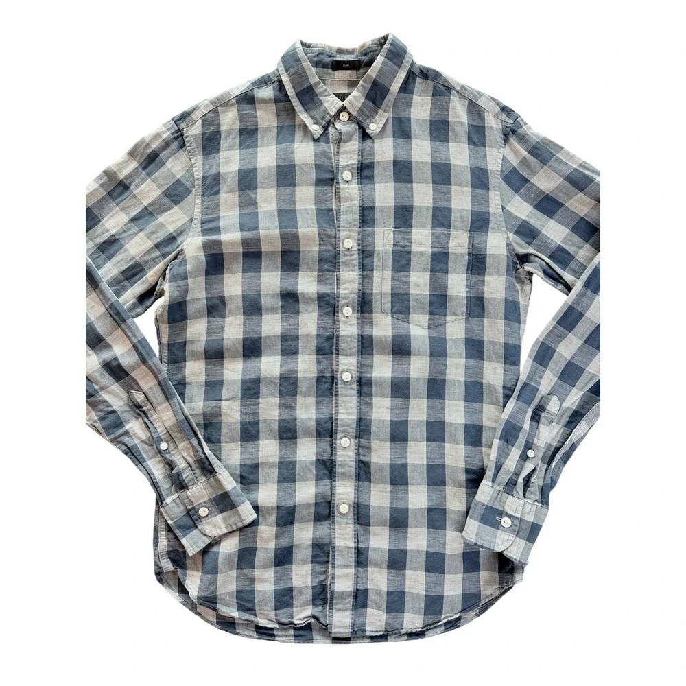 J.Crew Button Down Shirt Mens S Blue Gingham Slim Baird McNutt‎ Linen Cotton